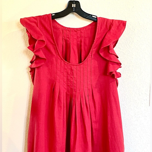 The Great The Flutter Tulip Dress Red Linen Cotton Ruffle Sleeves Pockets Large - Picture 7 of 10